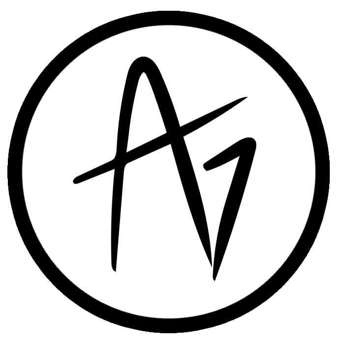 A circular black-and-white logo featuring a stylized A with a connected G.