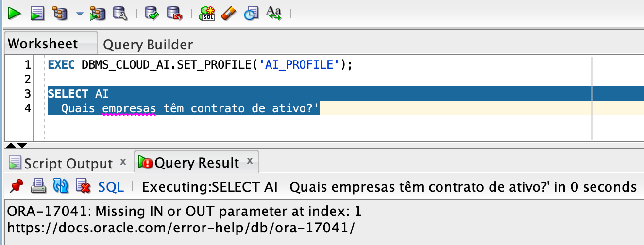 ORA-17041 ao executar SELECT AI no SQL Developer