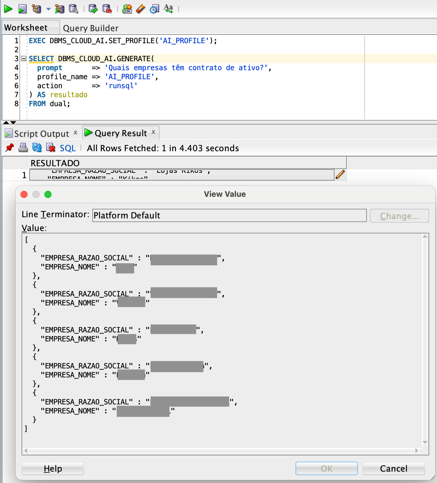 SELECT AI no SQL Developer usando o DBMS_CLOUD_AI.GENERATE