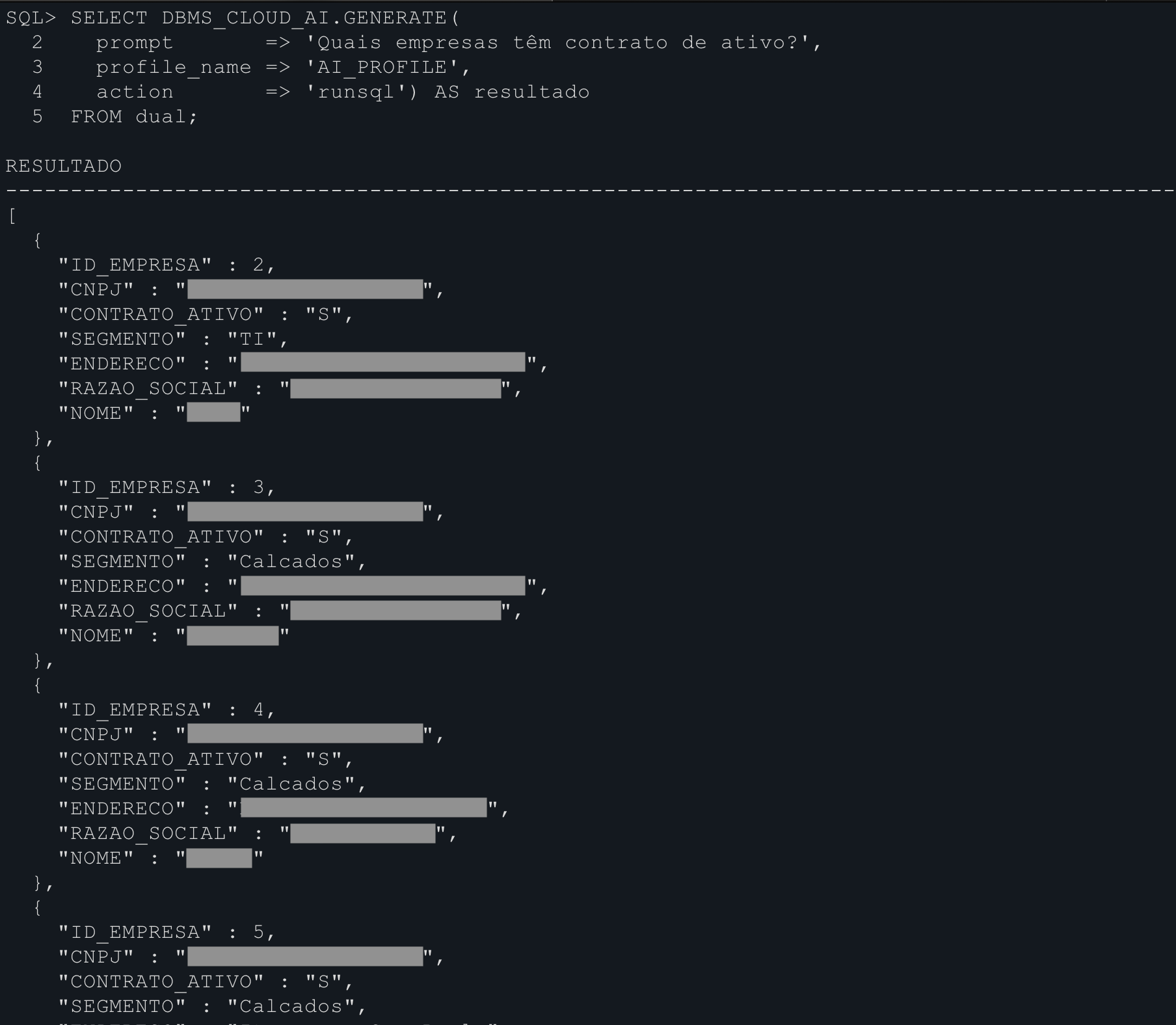 SELECT AI no SQL*Plus usando o DBMS_CLOUD_AI.GENERATE