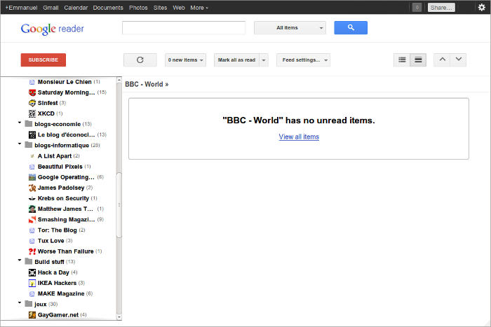 copie d'&eacute;cran de google reader