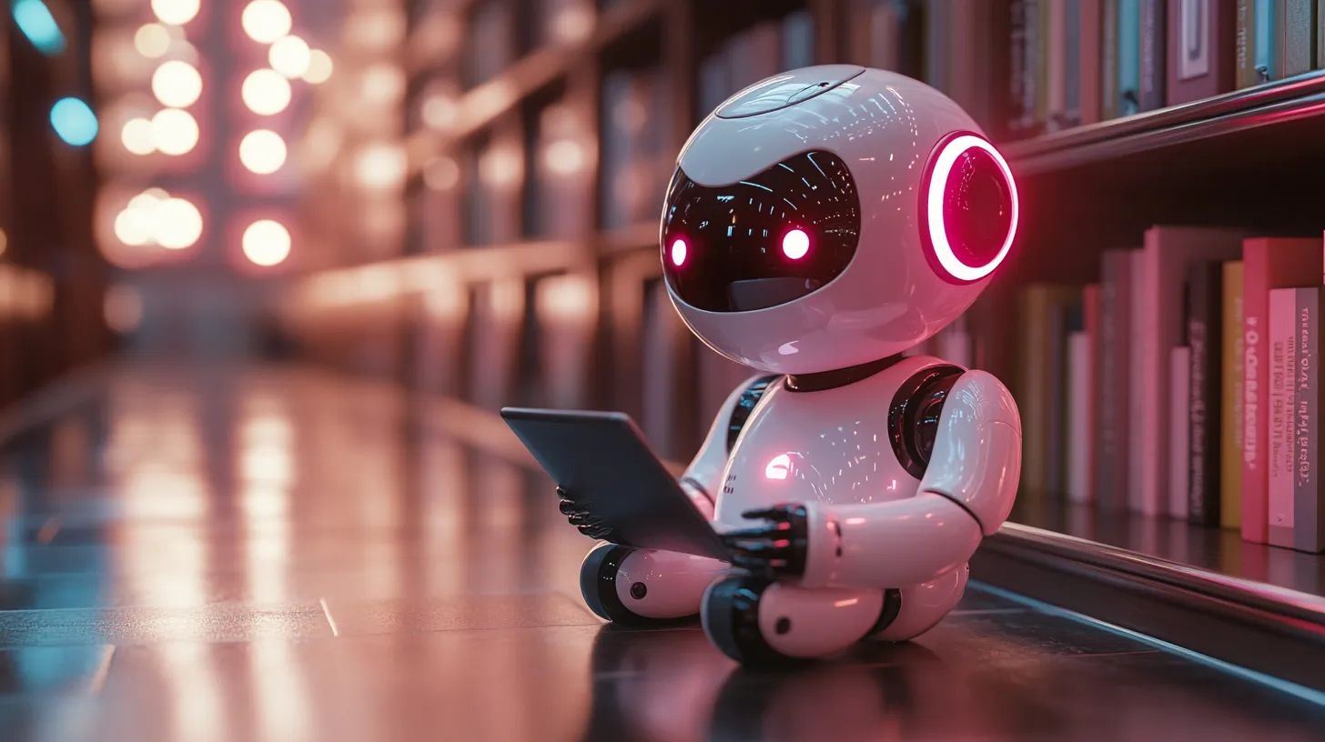 AI 에이전트를 상징하는 AI 로봇이 도서관에서 태블릿을 보고 있다.