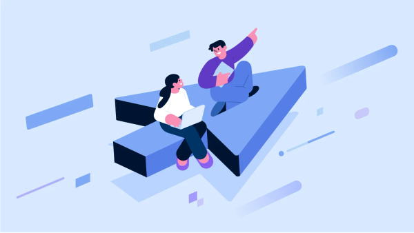 한 남성과 한 여성이 화살표로 된 도형 위에 앉아 새로운 곳으로 향하는 모습의 일러스트