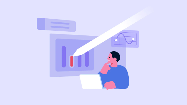 한 사람이 진단결과 내용으로 보이는 막대 그래프를 보고 있는 일러스트