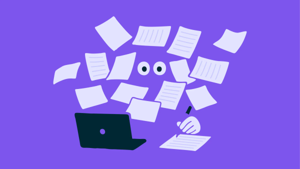 선생님이 여러 개의 글을 피드백하기 위해 글에 둘러싸인 모습을 그린 일러스트