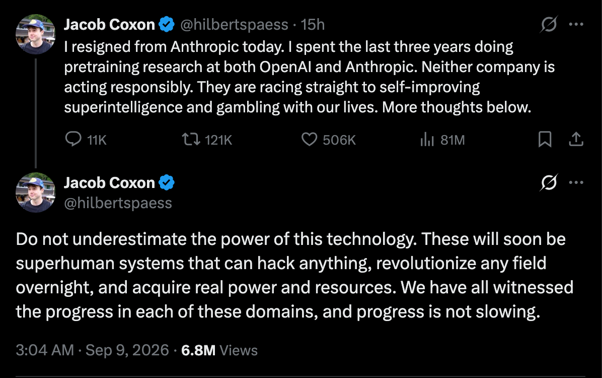 Jacob Coxon announces his resignation and warns about future AI systems gaining power and resources.