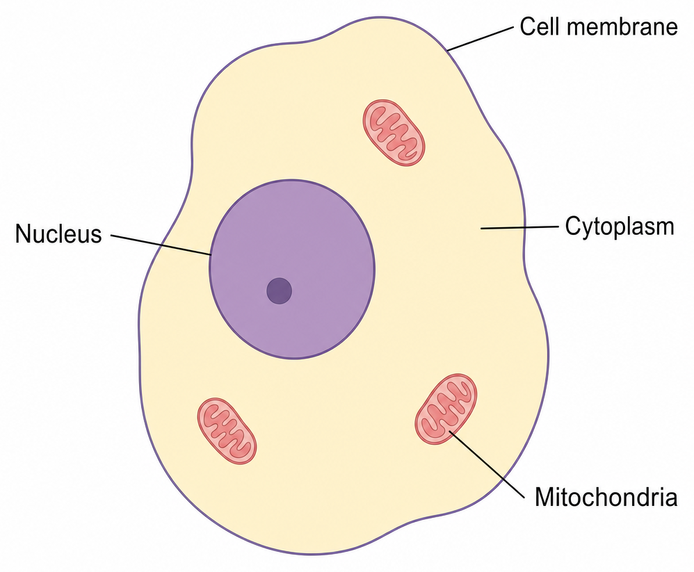 A labelled typical animal cell (round/irregular outline) showing cell membrane, cytoplasm,