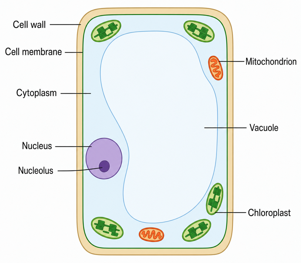 A labelled typical plant cell (regular box-like outline) showing cell wall, cell membrane