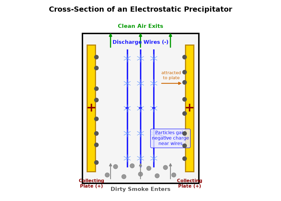 Cross-section of a precipitator — smoke entering at bottom, negative wire grids in the mid