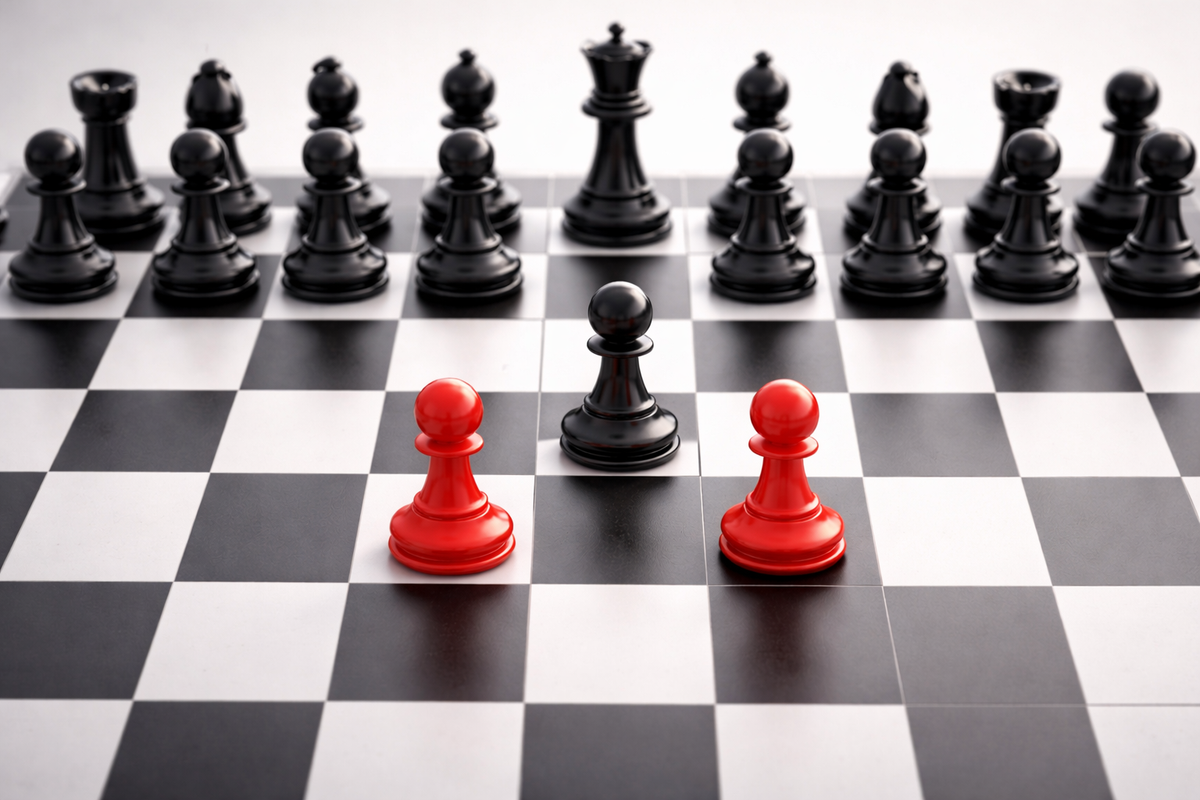 Chessboard showing two red pawns in front of a black pawn, symbolizing strategic sacrifice and bold moves, inspired by the Queen’s Gambit opening