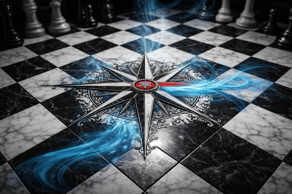 Intricate compass rose on a marble chessboard, framed by chess pieces and blue smoke — symbolizing strategic leadership and direction.