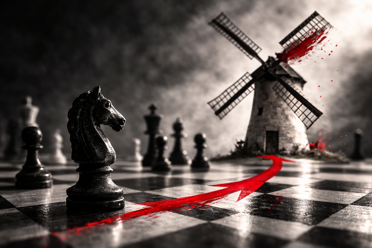 Chessboard with windmill symbolizing a Don Quixote-like struggle against micromanagement in the workplace.