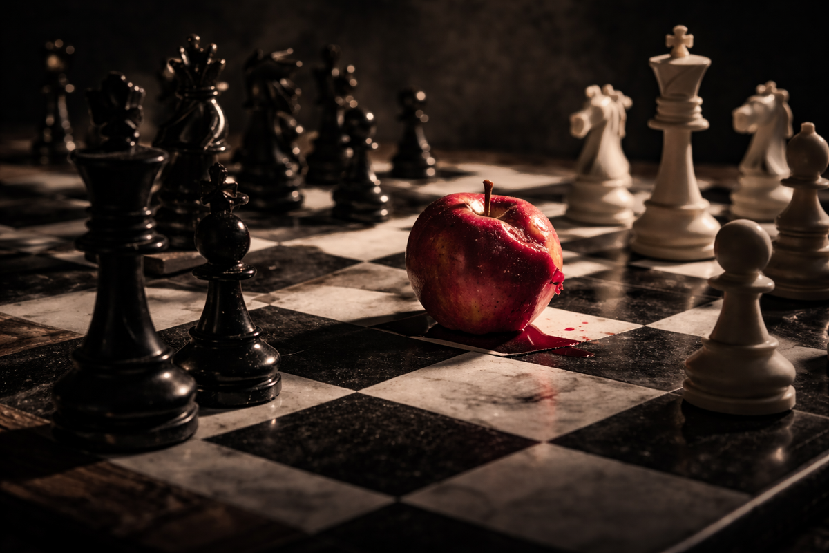 Dramatic B&W chessboard with a bruised red apple at the center. Moody, high-contrast cinematic lighting