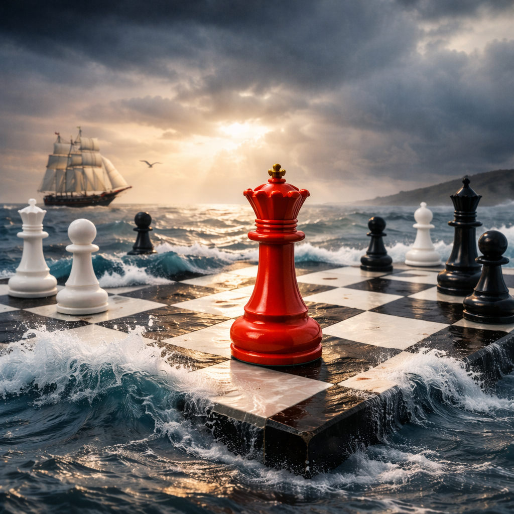 Red queen on a chessboard floating on the sea, symbolizing leadership, strategy, and navigating challenges.