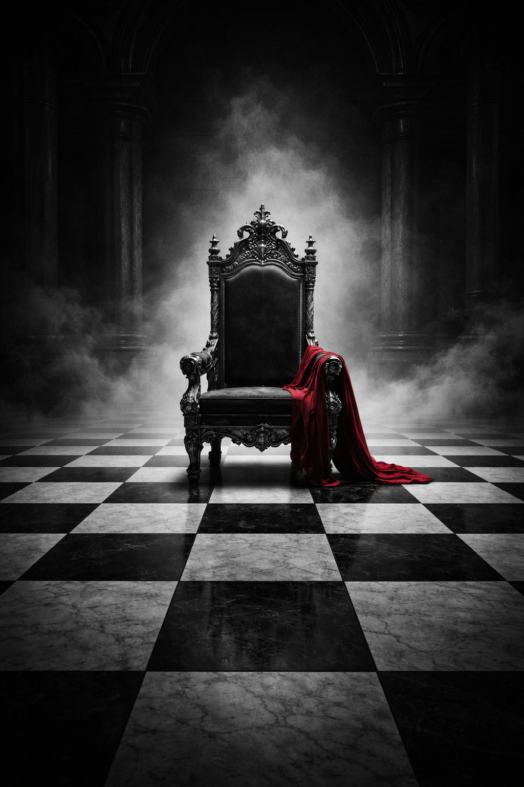 A red throne, a chessboard, power play, an empty seat of power.