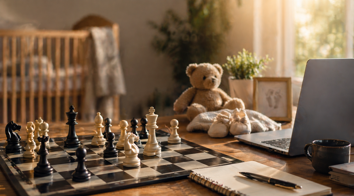 Warm home office with a chessboard, laptop, teddy bear, and baby crib in the background, symbolizing the balance between motherhood, strategy, and professional life.