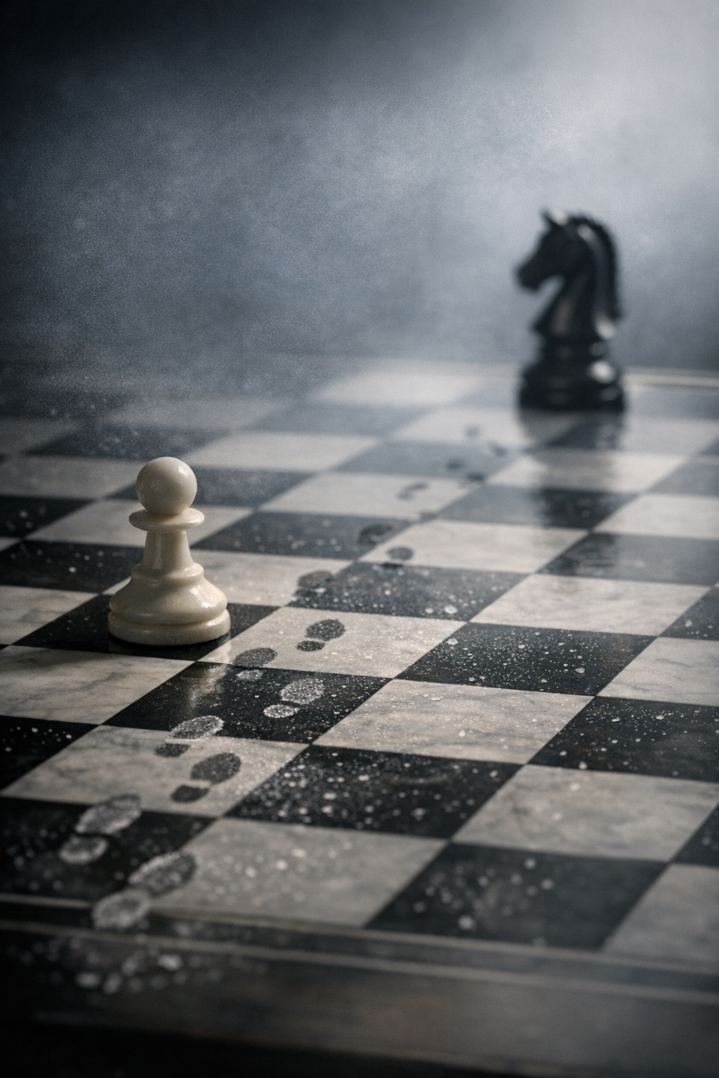 A close-up of a chessboard with a white pawn in focus and faint footprints leading toward a blurred black knight, symbolizing the traces we leave behind.