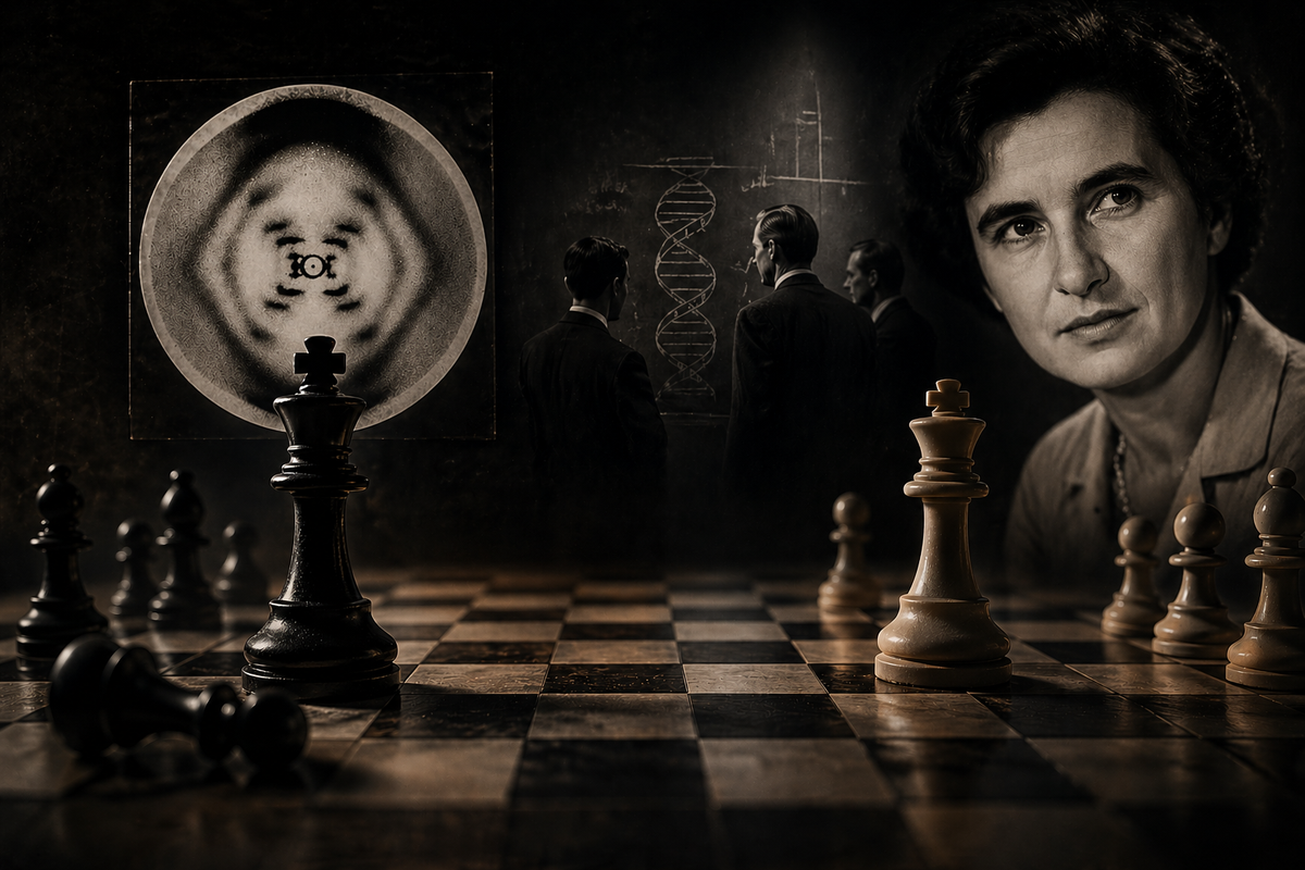 A cinematic portrait inspired by Rosalind Franklin, featuring chess pieces, DNA sketches, and scientific imagery in a dramatic black-and-white composition.