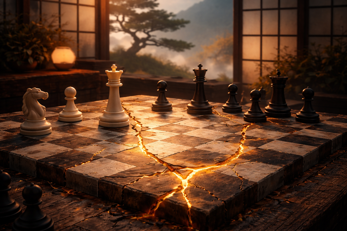 Warm, cinematic chess scene inside a traditional Japanese-style room, with a cracked glowing board of lava-like light, white and black pieces facing off under soft sunset window light.