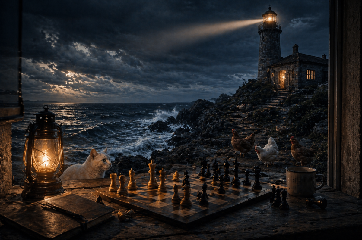 A lighthouse on a rocky coast at night, with a chessboard, lantern, notebook, and mug on a table in the foreground, while a cat and chickens look out toward the turbulent sea.
