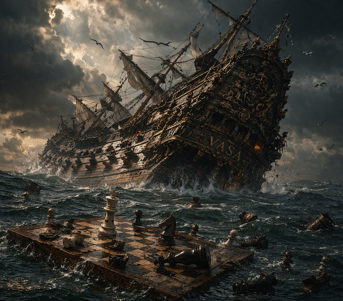 Sinking 17th-century warship Vasa engulfed in flames, while a chessboard with scattered pieces floats in rough sea nearby, symbolizing ambition, ego, and collapse amid chaos and storm.