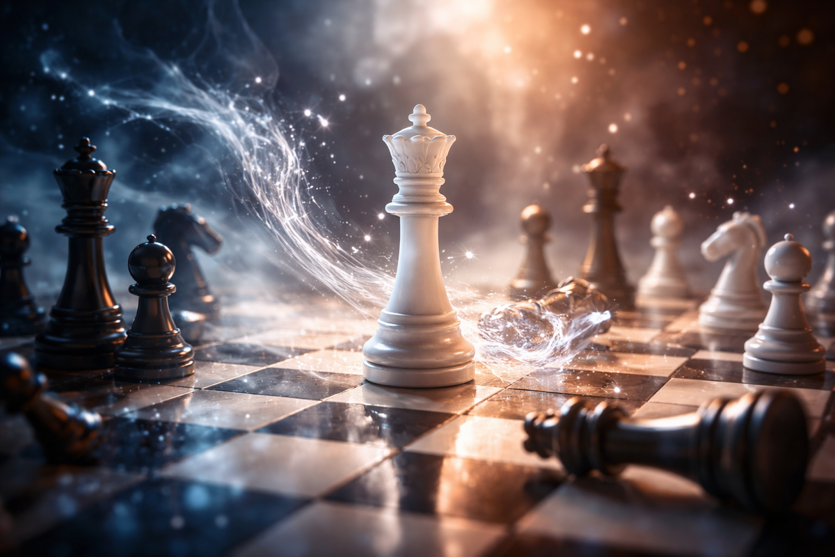 Digital artwork of a white chess queen standing at the center of a chessboard surrounded by swirling water-like energy, with opposing black pieces and dramatic ethereal lightdark atmosphere