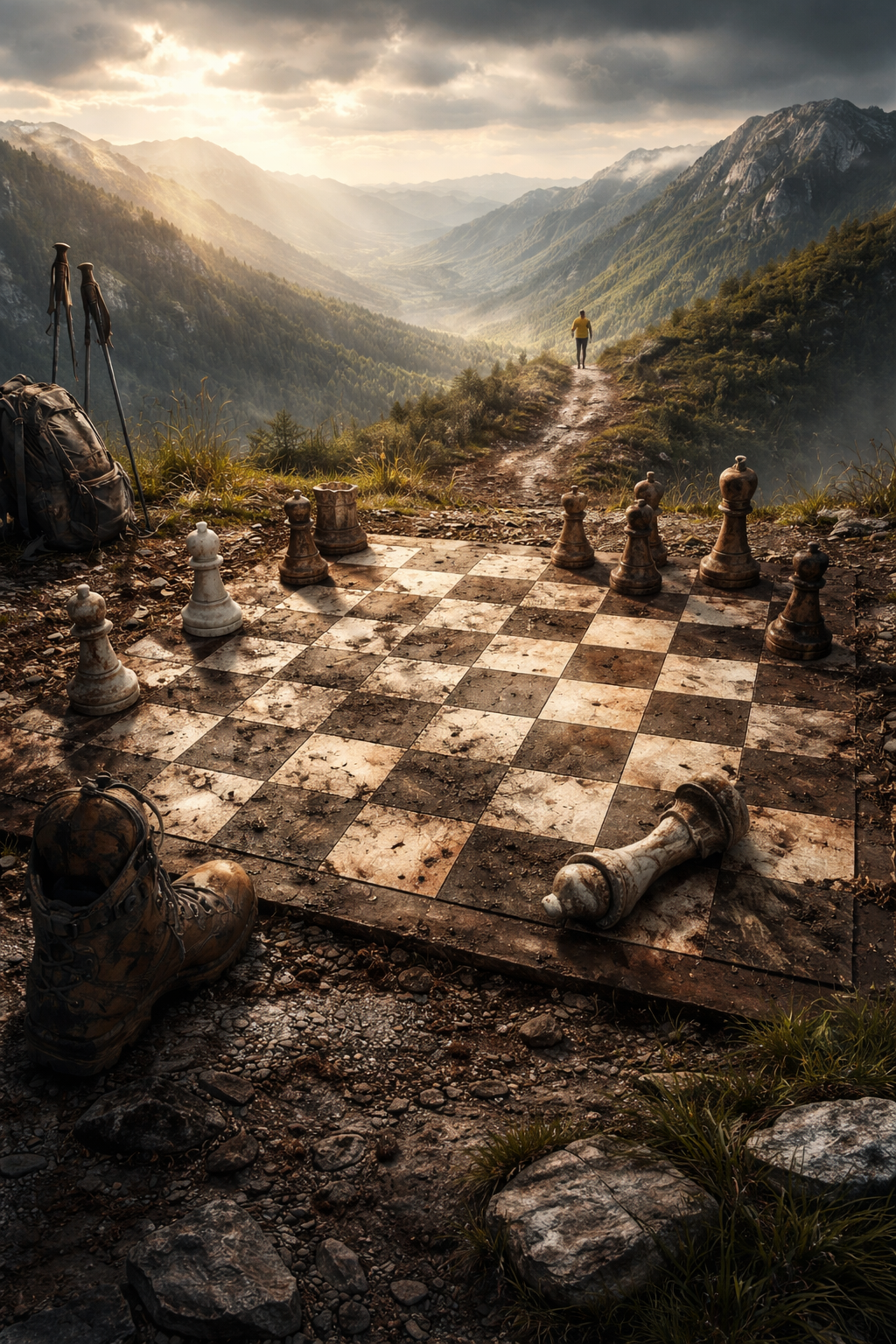 A muddy chessboard on a mountain trail with scattered pieces and hiking boot prints, symbolizing balance, movement, and real-world grounding.