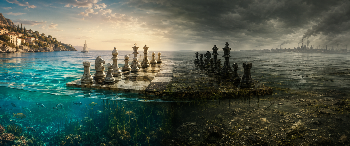 Floating chessboard dividing a bright, vibrant Mediterranean seascape from a dark, polluted Baltic Sea scene, symbolizing stark environmental contrast