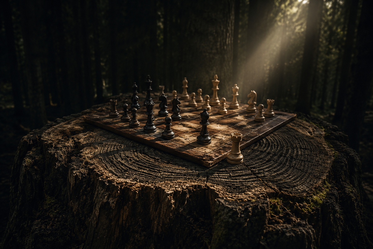 A chessboard with pieces mid‑game sits on a large tree stump in a sunlit forest, with rays of light illuminating part of the board and surrounding moss.