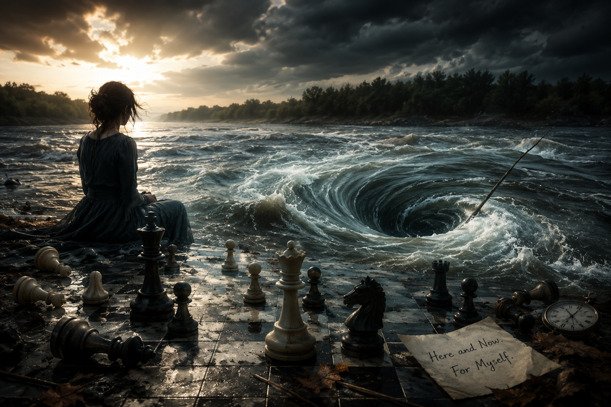 A dramatic cinematic scene of a raging river with a powerful whirlpool beside a chessboard and scattered pieces, symbolizing life’s struggle, control, and surrender in a stormy atmosphere.