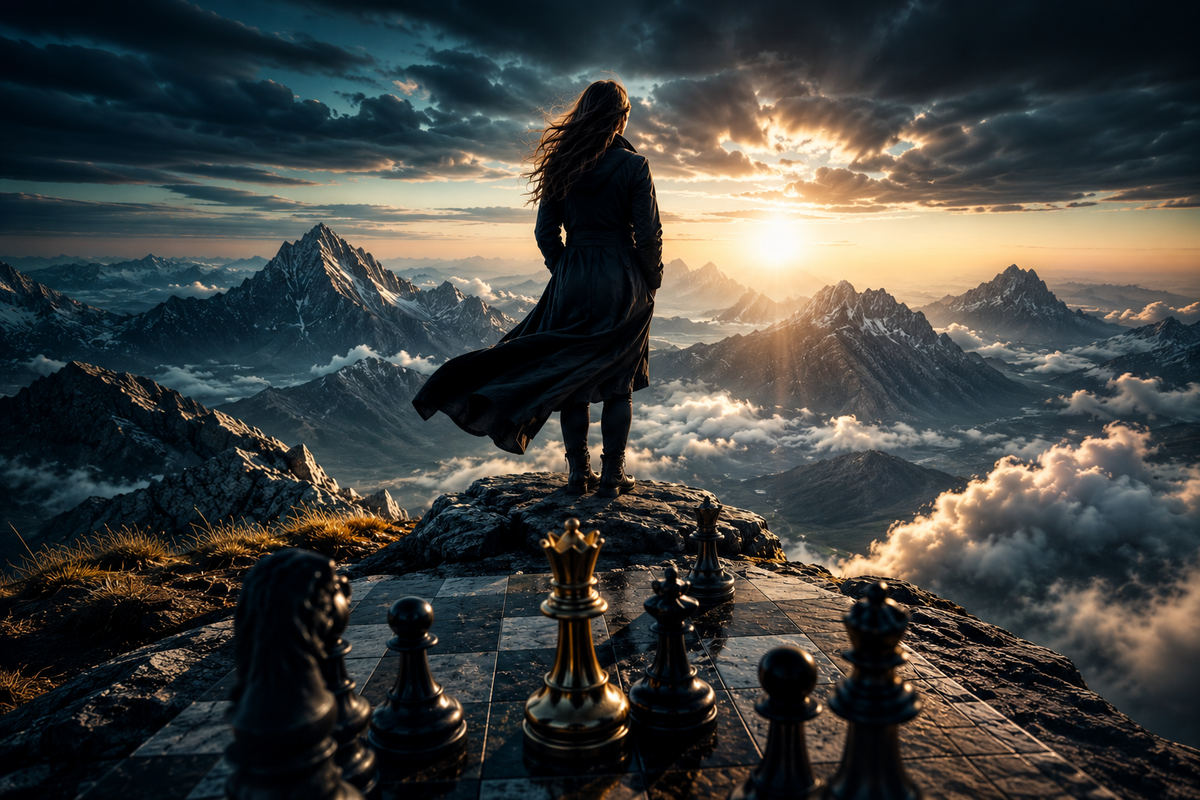 Woman in dark coat stands atop a mountain peak above the clouds, gazing at a golden sunset over snowy alps, with giant chess pieces on a stone board at her feet.
