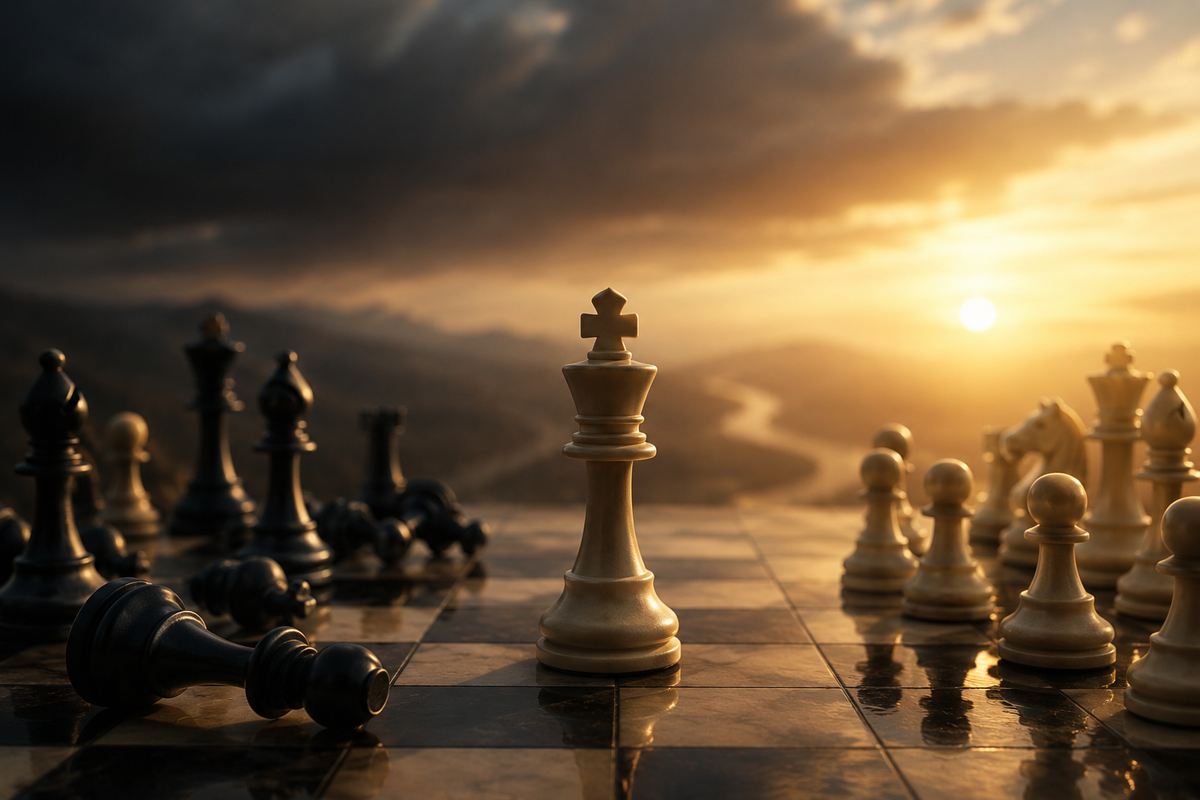 White king standing on a chessboard at sunset, with fallen black pieces around it.