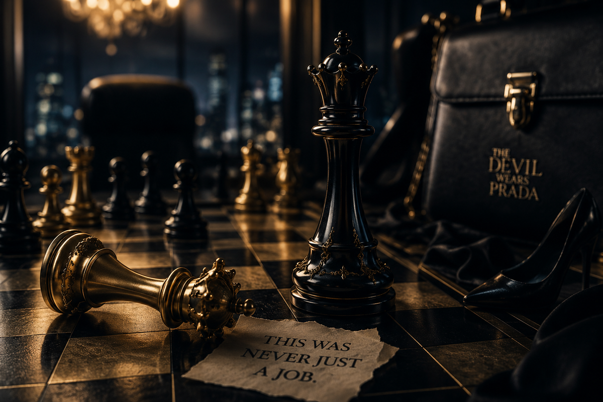 A fallen king beside a standing queen on a chessboard symbolizes leaving a toxic workplace, inspired by The Devil Wears Prada and the cost of loyalty and power