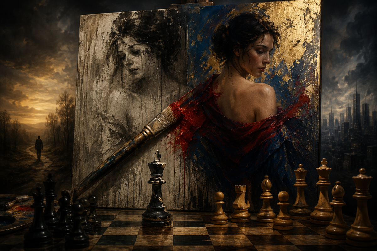 Pentimento-inspired artwork with layered portraits, a chessboard, and dramatic lighting, symbolizing transformation, identity, and the traces of the past.