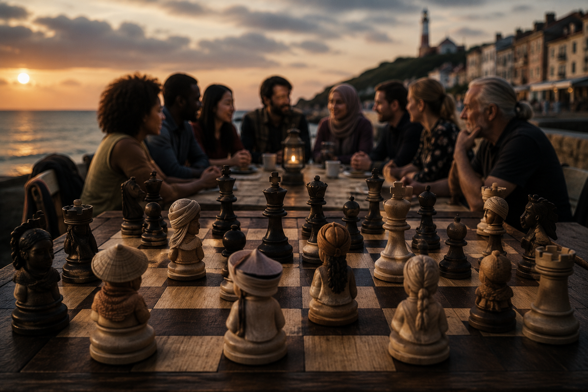    A group of people gathered around a wooden table by the sea at sunset, talking beside an ornate chessboard with carved cultural figures, with a lantern glowing warmly in the center.