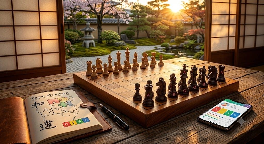 Chessboard on a wooden table overlooking a Kyoto garden. Next to it, a phone and a notebook with DISC model diagrams and Japanese Kanji symbols.