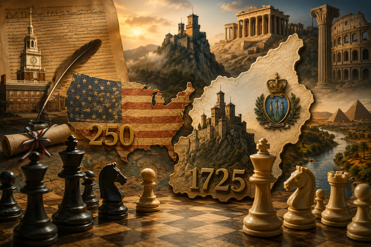Organizational maturity concept with a chessboard, U.S. Declaration, San Marino, and ancient civilizations symbolizing business growth, stability, resilience, and legacy.