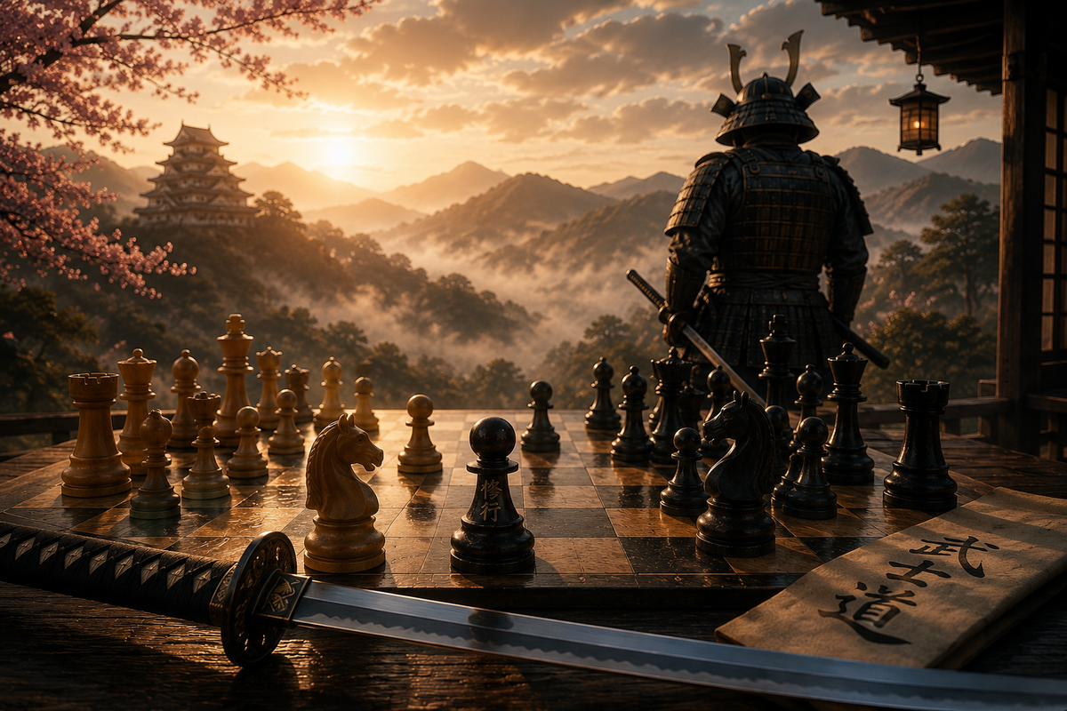 Samurai overlooking a chessboard at sunrise with cherry blossoms and a katana, symbolizing Shugyō, Bushidō, discipline, resilience, leadership, and personal growth.