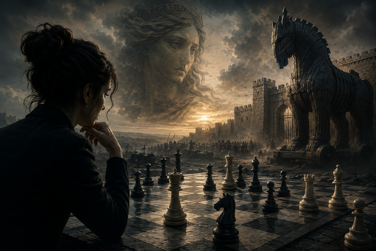Chessboard with strategic pieces facing the Trojan Horse, symbolizing pattern recognition, strategic thinking, leadership decisions, risk assessment, and the Cassandra effect.