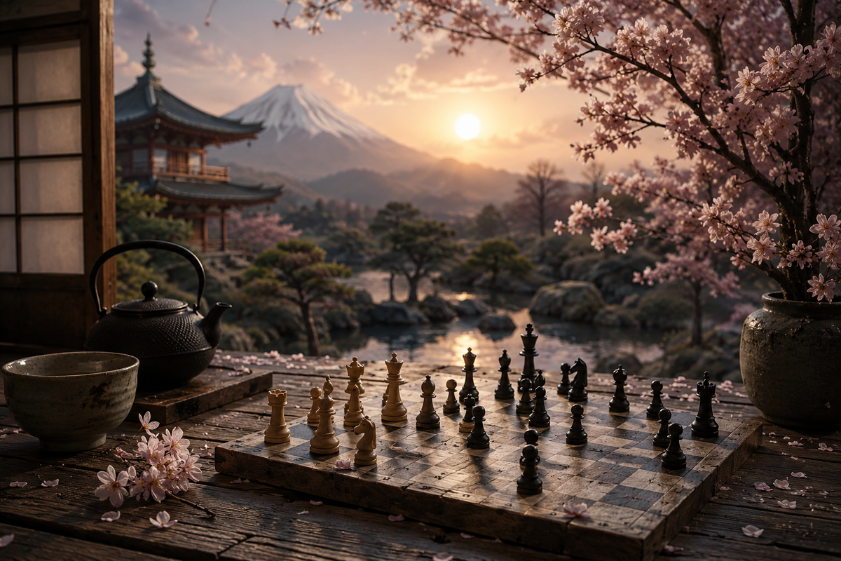 Japanese wabi-sabi philosophy with a rustic chessboard, handmade tea bowl, cherry blossoms, and Mount Fuji, symbolizing leadership, imperfection, mindfulness, and timeless beauty.