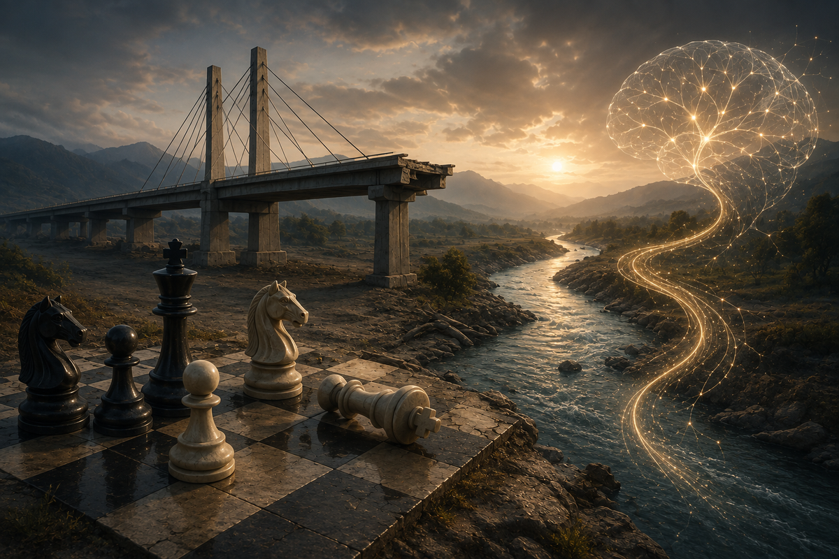 Choluteca Bridge beside a redirected river, chess pieces and a glowing brain symbolizing neuroplasticity, new neural pathways, resilience and the brain’s ability to adapt.