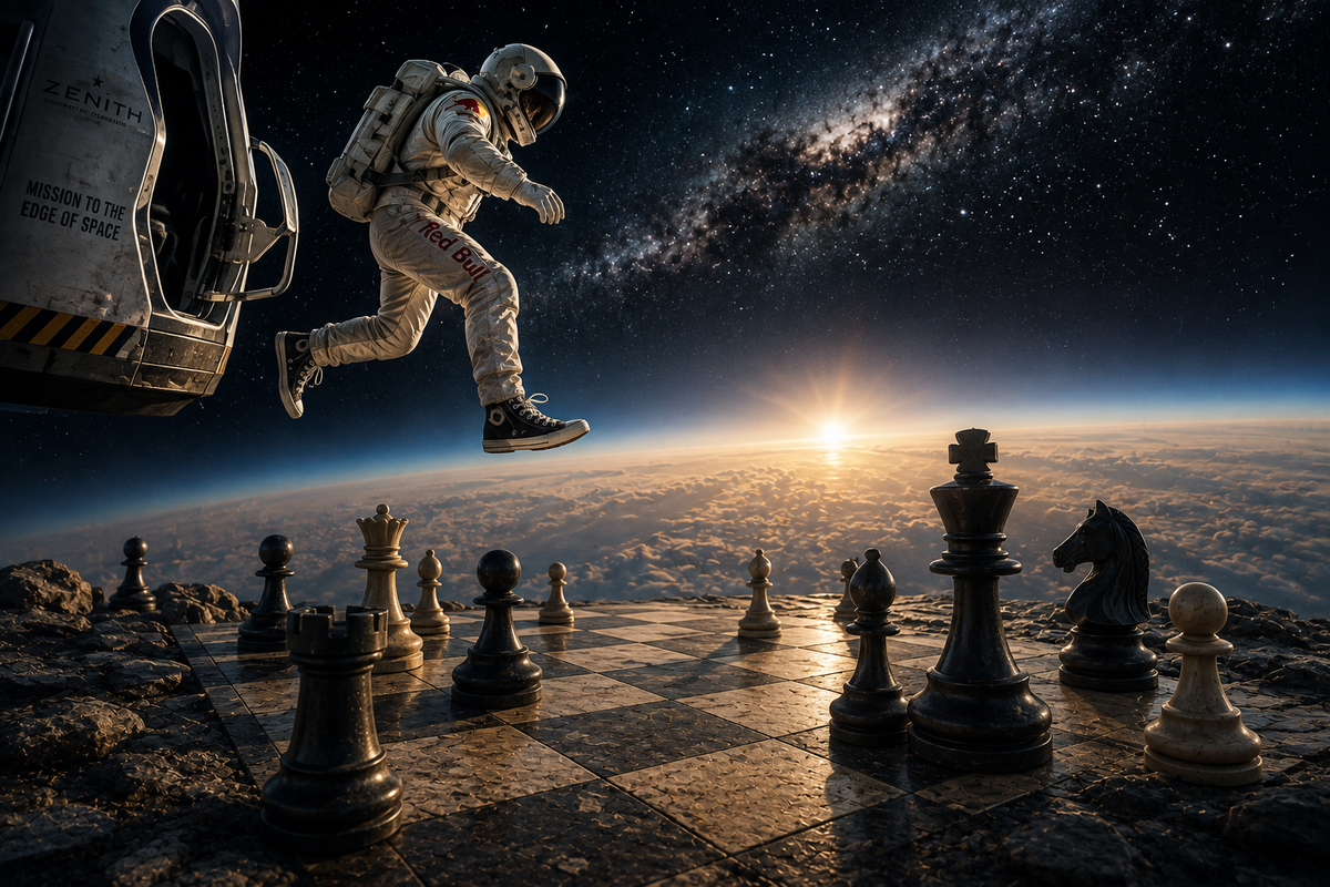 Astronaut leaping into the unknown above a chessboard and Earth, symbolizing courage, risk, personal growth, life choices and the strength to face uncertainty.