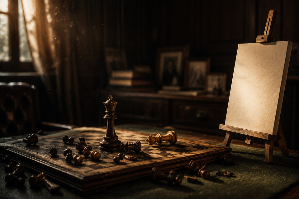 A lone black queen stands on a worn chessboard surrounded by fallen pieces, beside a blank white canvas in a dimly lit office, symbolizing identity, loss, and new beginnings.