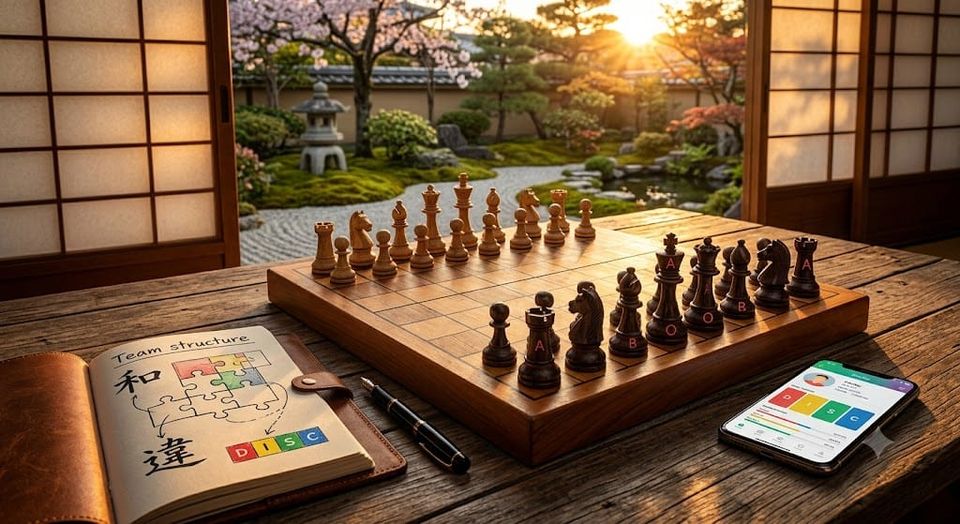 Chessboard on a wooden table overlooking a Kyoto garden. Next to it, a phone and a notebook with DISC model diagrams and Japanese Kanji symbols.