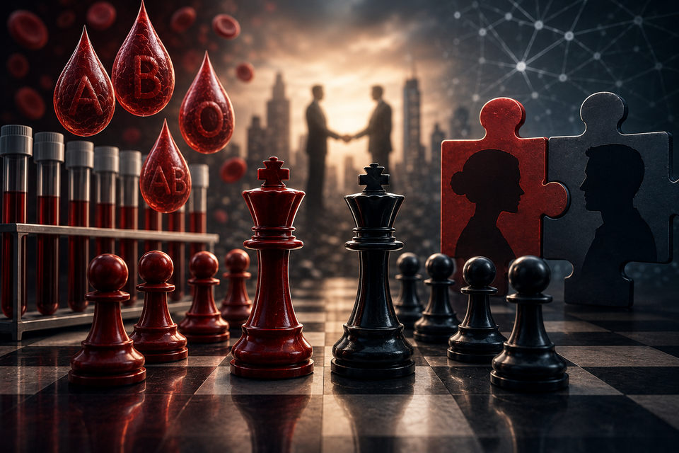 Chess pieces, blood samples, and blood type droplets symbolize cultural compatibility, leadership, and strategic decision-making in business mergers and acquisitions.