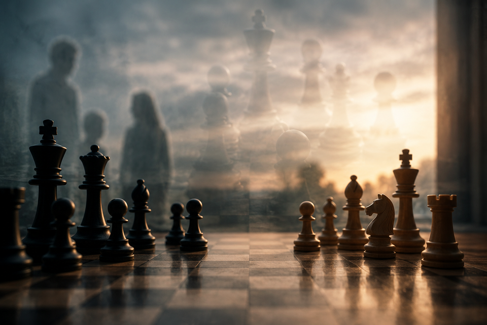 A cinematic still life of a chessboard with dark and light pieces under warm light, with blurred ghost-like human silhouettes in the background creating a reflective, symbolic mood.