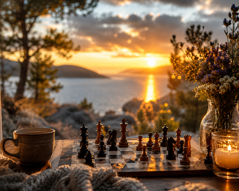 Chessboard by the sea at sunset with a cup of tea, candle and wildflowers, symbolizing mindfulness, glimmers, inner peace, stress relief and connection with nature.