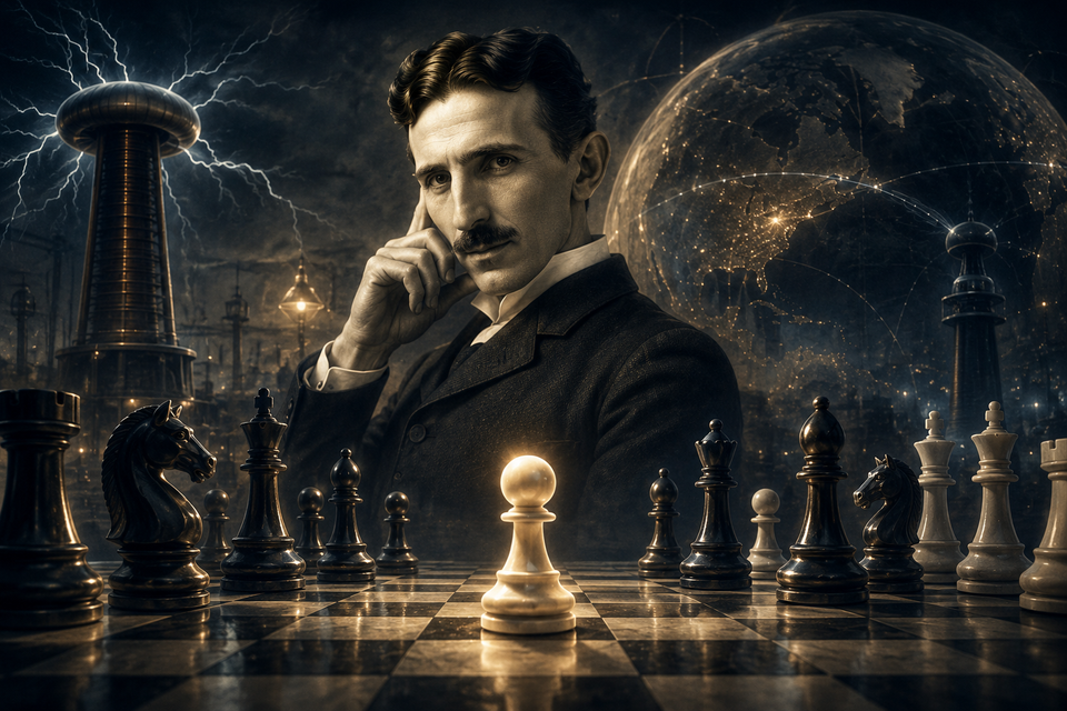 Nikola Tesla portrait with a chessboard, chess pieces, lightning and electrical towers, symbolizing innovation, genius, strategic thinking, electricity, and world-changing inventions.
