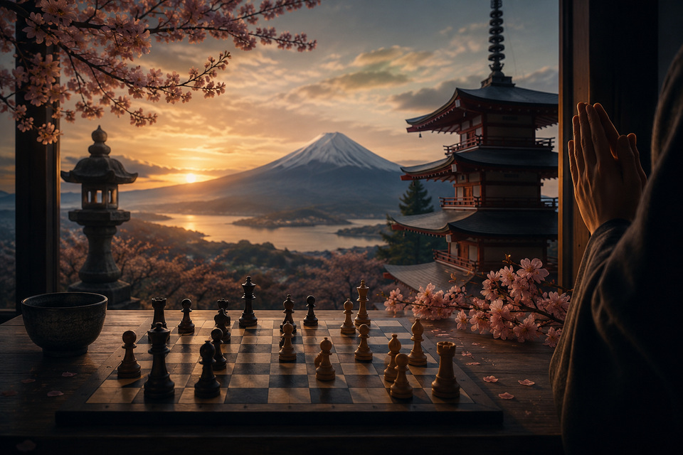 Shikata Ga Nai concept with a chessboard, Mount Fuji, cherry blossoms, and prayer, illustrating Japanese philosophy, resilience, leadership, acceptance, and mindfulness.
