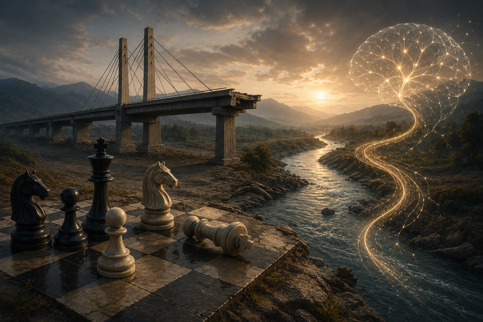 Choluteca Bridge beside a redirected river, chess pieces and a glowing brain symbolizing neuroplasticity, new neural pathways, resilience and the brain’s ability to adapt.